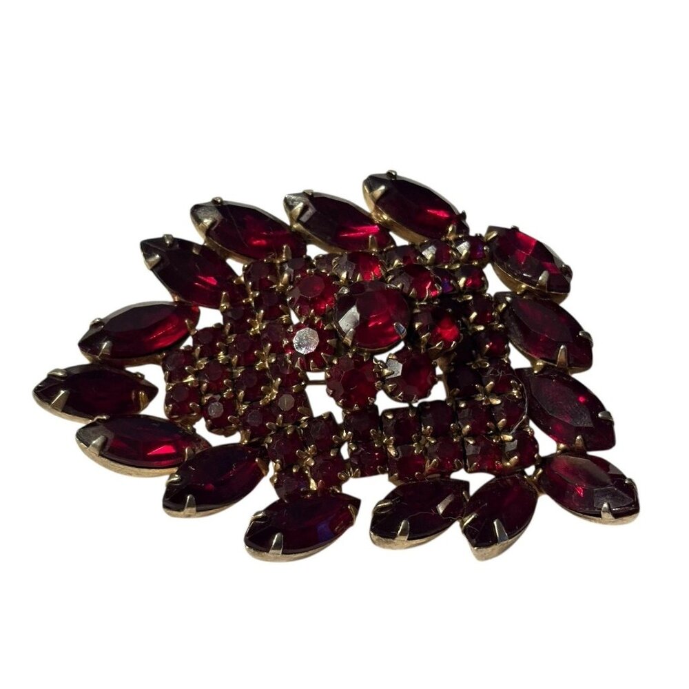 VTG Red Brooch Pin Navette and Round Rhinestone Gold Tone Large Statement Chunky - Picture 9 of 16